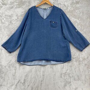 Soft Surroundings V-Neck Tencel Roll Tab Sleeve Blue Chambray Boho Top